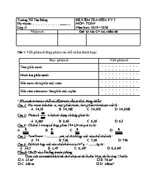 Đề kiểm tra Giữa học kỳ I môn Toán Lớp 5 - Năm học 2019-2020 - Trường Tiểu học Tân Đồng (Có đáp án)